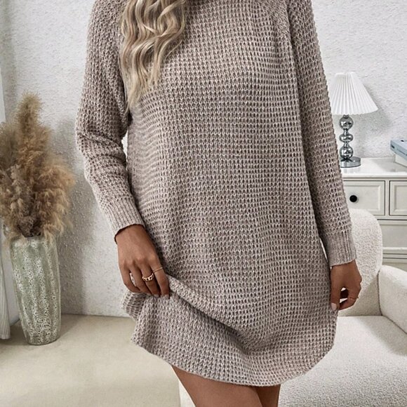 Khaki Casual Women's Solid Color Turtle Neck Raglan Sleeve Sweater Dress - Picture 3 of 5